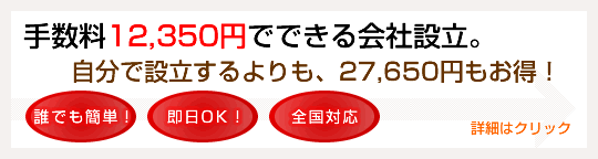 手数料12,350円でできる会社設立。自分で設立するよりも、27,650円もお得！